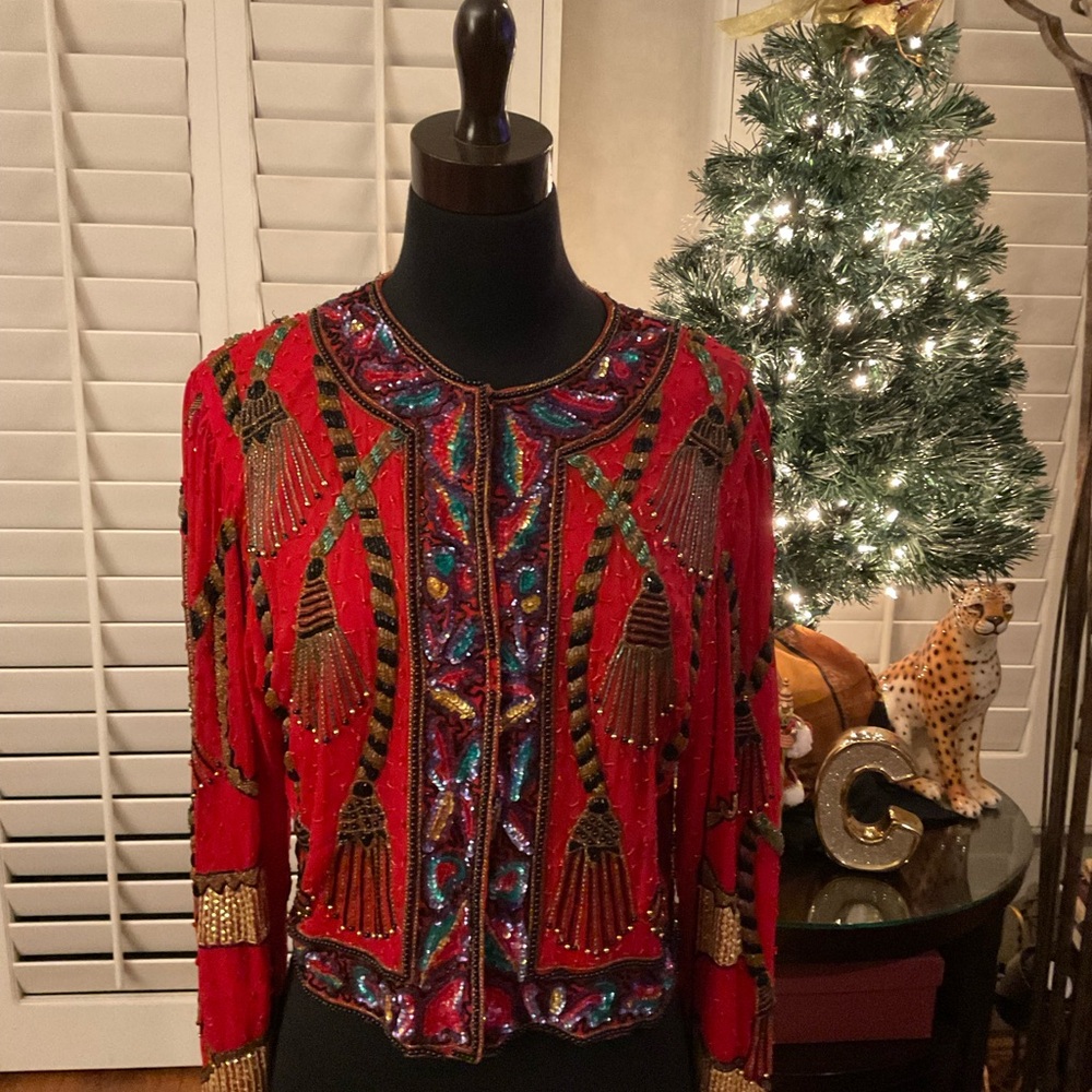 HOLIDAY VINTAGE Laurence Kazar Red Beaded Silk Blazer